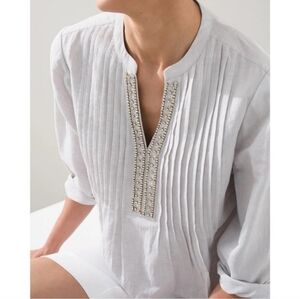 Chicos Linen Cotton Embelished Tunic Blouse Top Small